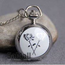 Fashion Enamel Quartz Pocket Watch Necklace Love Rose Flower Pendant Gift Cb3019