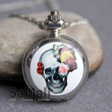 Fashion Enamel Quartz Pocket Watch Necklace Charm Flower Skull Pendant Cb3025