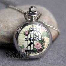 Fashion Enamel Quartz Pocket Watch Necklace Flower Bird Cage Pendant Gift Cb3026