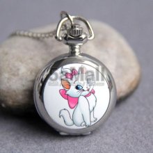 Fashion Enamel Quartz Pocket Watch Necklace Cute Bow Cat Girl Pendant Cb3014