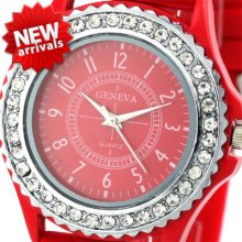 Fashion Geneva Red Rubber Jelly Crystal Deco Dial Lady Women Sport Wrist Watch