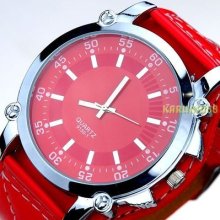 Fashion Huge Big Size Red Silver Leather Men Quartz Analog Wrist Watch