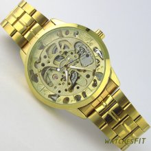 Fashion Men Golden Skeleton Stainless Steel Automatic Mechanical Wrist Watch