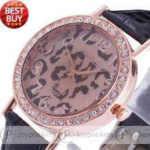 Fashion Oversize Jewel Bezel Leopard Dial Women Girl Quartz Wrist Watch Wl04