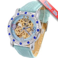 Fashion Sky Blue Design Women Lady Automatic Watch Diamonds Gold Skeleton