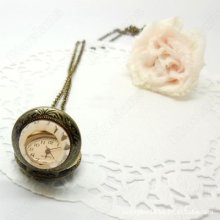 Fashion Vintage Mini Multisection Tinted Glass Bronze Pocket Watch Necklace