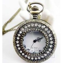 Fashion Vintage Rhinestone Round Pocket Watch Necklace,gift Watch.a0