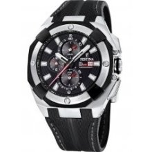 Festina Mens Chronograph Stainless Watch - Black Leather Strap - Black Dial - F16350-C