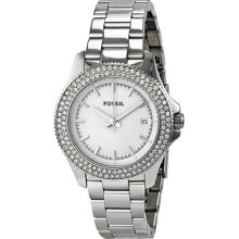 Fossil Retro Traveler White Dial Crystal Bezel Stainless Steel Ladies Watch