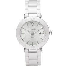 Fossil Stunning Beautiful White Ceramic Women's Watch Silver Dial W/ Date Pretty