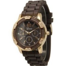 Geneva Brown With Gold Women's Faux Chronograph Silicone Rubber Jelly Watch