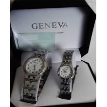 Geneva His & Here Set Analog Silver On White Face Color Stainless Steel Band