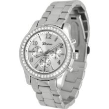 Geneva Metal Silver Crystals Analog Woman Quartz Wrist Watch Large Fashion