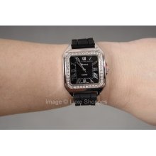 Geneva Platinum Cubic Zirconia Silicone Watch - Black