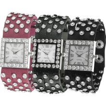 Geneva Platinum Women's Simulated Leather Rhinestone Studded Watch (Hot Pink)