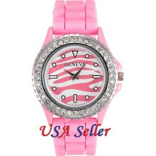 Geneva Wrist Watch Zebra Pattern Dial Silicone Band Pink Us Seller