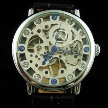 Goer Mens Mechanical Leather Blue Diamond Transparent Hollow Business Watch