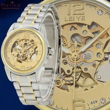 Golden Dial Mechanical Skeleton Automatic Stainless Steel Men Unisex Wrist Watch