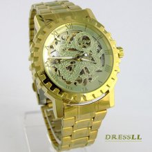 Golden Stainless Steel Band Hollow Transparent Dial Automatic Mechanical Watch