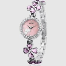 Gorgeous Ladies Austrian Crystal Love Clover Stainless Steel Wrist Watch Pink