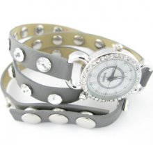 Gray Leather Clear Crystal Studded Wrap Watch