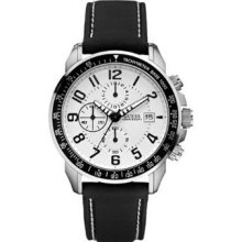 Guess Men's Chronograph Black Leather Quartz Watch With White Dial