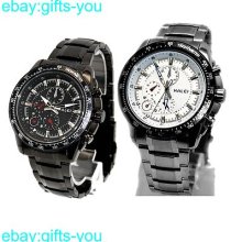 Gunmetal Silver Sporty Round Stainless Steel Band Men Black White Quartz Watch