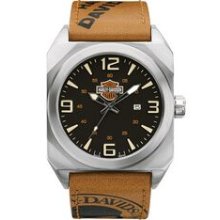 Harley Davidson Men`s Tan Logo Printed Strap Watch W/ Black Dial