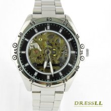 Hollow Transparent Dial Stainless Steel Band Automatic Mechanical Watch