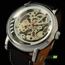 Hot Mens Hollow Skeleton Brown Leather Band Automatic Mechanical Wrist Watch