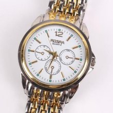 Hots White Dial Gold Band Quartz Hand Sport Dress Stainless Steel Wrist Watch