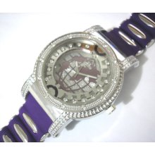 Iced Out Bling Bling Big Case Globe Dial Rubber Band Men's Watch Purple 6003