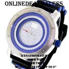 Iced Out Men's Silver/blue Ice Nation/pave Master Hip Hop Silicone Watch