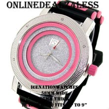 Iced Out Men's Silver/pink Ice Nation/pave Master Hip Hop Silicone Watch