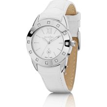 Imagine Watch, Silver Tone and Diamond Bezel with White Leather Strap