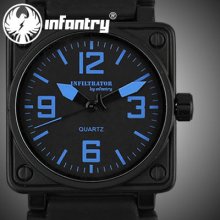 Infantry Infiltrator Square Military Mens Wrist Watch Black Rubber Sport Blue