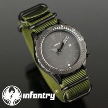 Infantry Mens Army Date Quartz Analogue Sport Watch Olive Green Nylon Strap