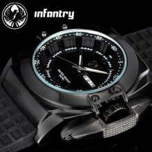 Infantry Mens Sport Quartz Date&day Fashion Russia Army Watch Black Rubber Strap