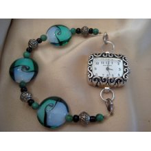 Interchangeable watch bracelet made with Lamp Work Glass Beads and Green Turquoise Accent Beads