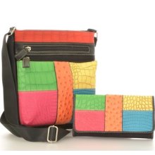 Joan Exotic Black Expandable Crocodile Patchwork Cross-body-wallet Set