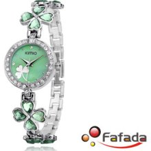 Kimio Lady Women's Rhinestone Quartz Bracelet Watch Light Green Clover