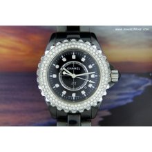 Ladies Black 33mm Chanel J12 W/ Factory Diamond Dial & Custom Dia Bezel H1625