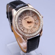 Ladies Girls White Crystal Rose Golden Dial Leather Strap Alloy Quartz Watch
