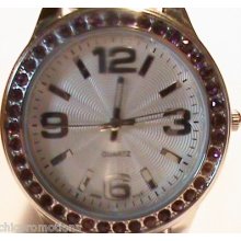 Ladies Large Dial Pave Rhinestone Bezel Purple Amethyst Patent Leather Watch