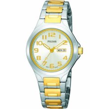 Ladies Pulsar By Seiko Pxu037 Quartz Day/date Silver Dial Steel Watch