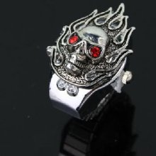 Ladyâ€™s Stainless Steel Silver Ring Watch with Diamond Skull Head Co