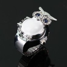 Lady's Stainless Steel Silver Ring Watch with Diamond Owl Cover