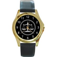 Lawyer or Judge Scales on a Gold Watch w/ Leather NEW - Black - Gold Tone