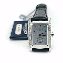 Longines Lady White Gold Diamond Wrist Watch Dial Black Leather Strap Dolce Vita