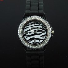 Lowest Silicone Jelly Black Zebra Rhinestones Round Dial Watch